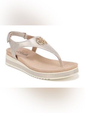 Life Stride Metallic Beige Thong Wedge Sandals with Gold Emblem NEW
